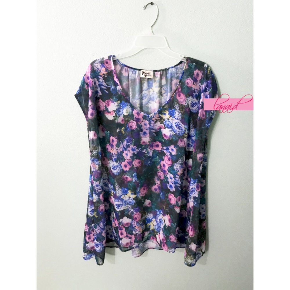 Mumu V-Neck Floral Tunic Blouse Chiffon Gauze Cover-Up Dolman Semi-Sheer Top M